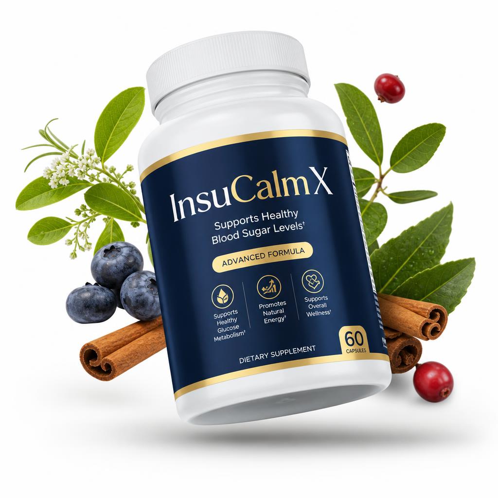 InsuCalmX bottle — natural blood sugar support supplement available in US, UK, CA, NZ and AU